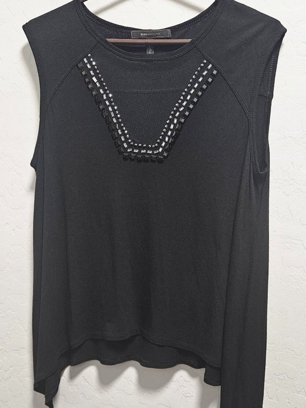 BCBG Max Azria Black Embellished Jewel V-Neck Tank Top Handkerchief Hem Size M